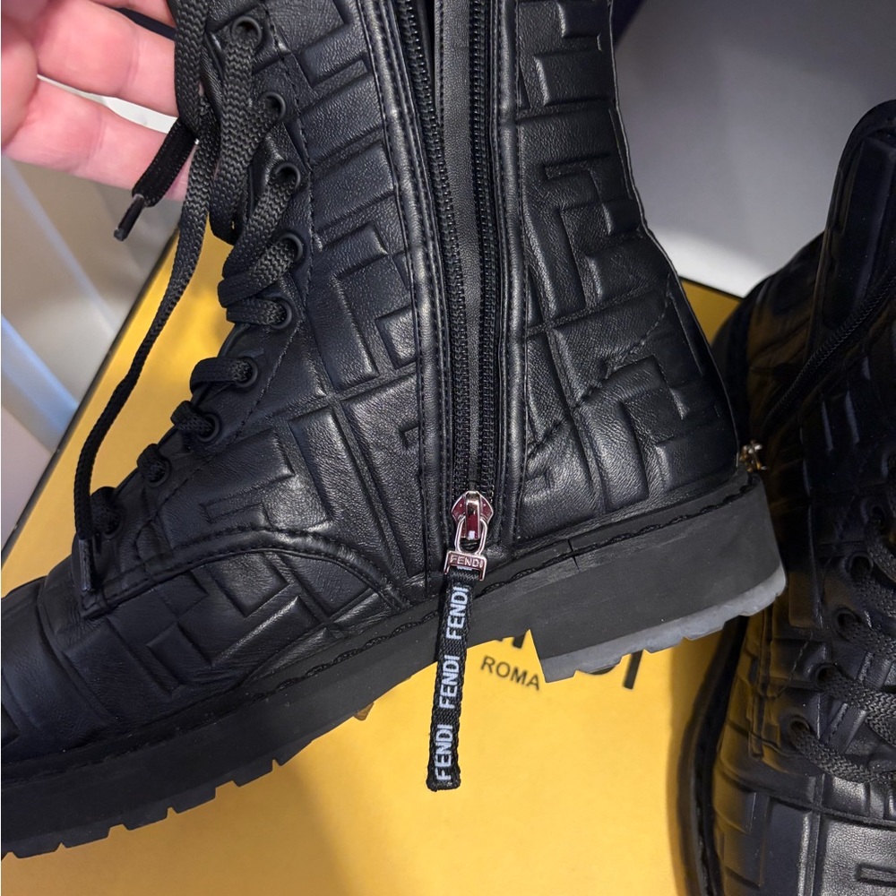 Fendi Black Embossed Leather Combat Boots - Picture 4 of 6